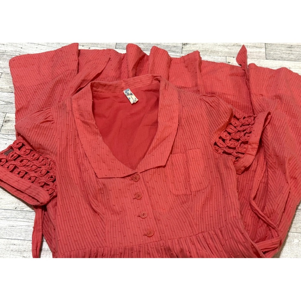 Anthropologie Maeve Swiss Dot Coral Crochet Shirt Dress Button Up Fit & Flare 2